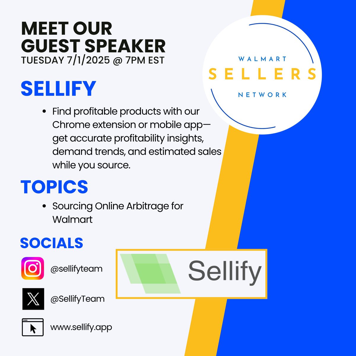 Going live tomorrow at 7pm EST in the FB group with the <a href="/SellifyTeam/">Sellify</a> 
If you sell on Walmart, this tool makes sourcing faster and smarter.
Image search, profit calculator, sales data, reviews, and seller count.
Join us for a walkthrough and Q&amp;A!
facebook.com/share/g/16sG5W…