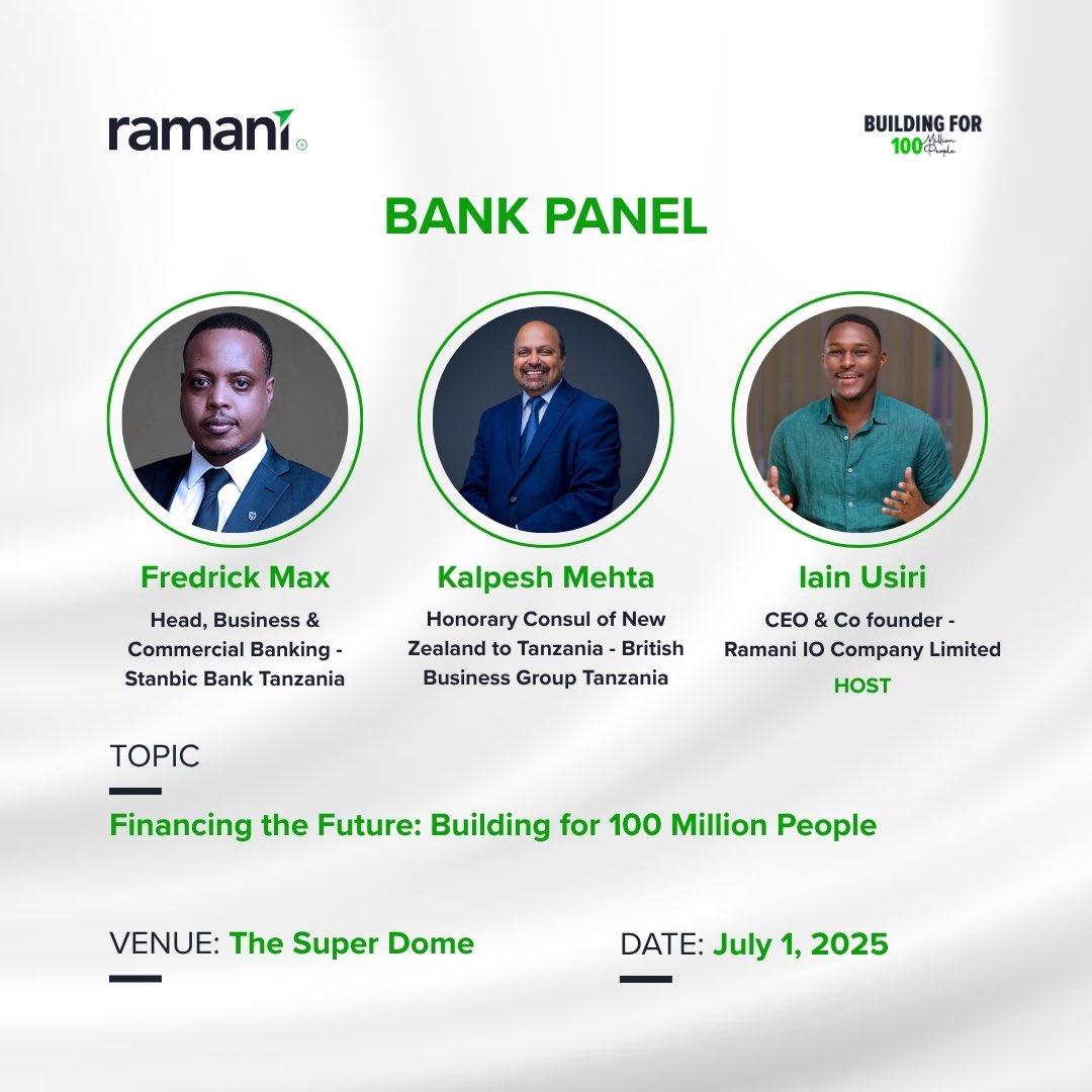 Financing the Future — Get ready to dive into an insightful panel discussion as we get to hear from some of the voices shaping the future💪🏽

#ZamaMpyaZaBiashara
#productlaunchday 
#BuildingFor100M_People
#RamaniFinance
#Ramani.io 
#daressalaam 
#tanzania