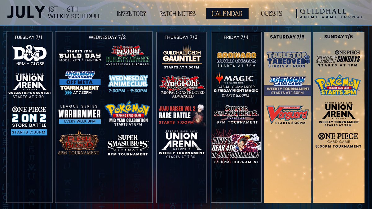 Guildhall weekly schedule July 1st - July 6th