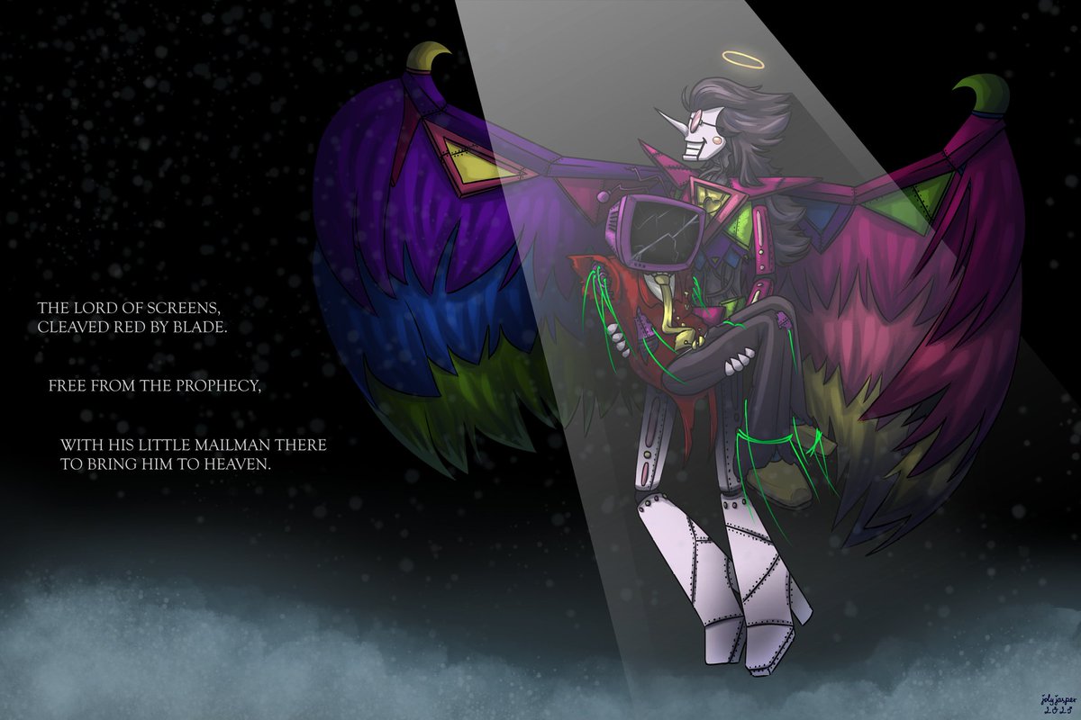 jolyjasper's tweet photo. The Lord of Screens,
cleaved red by blade.

Free from the prophecy,

with his little mailman there to bring him to HEAVEN.

#deltarune #spamtenna https://t.co/YU6EoUimqI