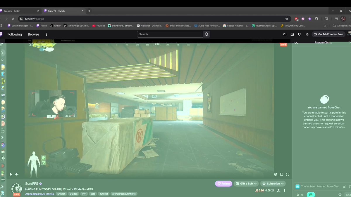 JamesAngelTV's tweet photo. so earlier today i was in buggy's chat and saw @Sura_FPS talking about how #EscapefromTarkov was better than #ArenaBreakoutInfinite . so i decided to troll a bit. i saw sura was live today playing ABI so i said "what happened to tarkov you were speaking so highly of"? dude INSTA bans me lol