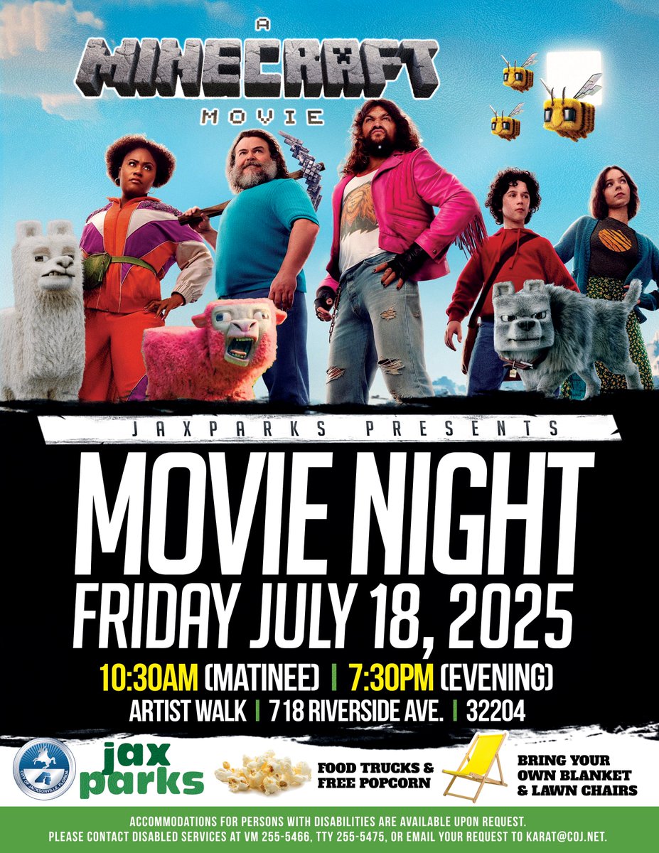 This is Just in📢: There are two showings of the movie A Minecraft Movie Friday, July 18! 

⏱️10:30 AM (Matinee) &amp; 7PM (Evening)
📌Artist Walk 718 Riverside Ave., 32204  

Don't forget your lawn chairs and blankets. Also, food trucks will be on site.
👉
