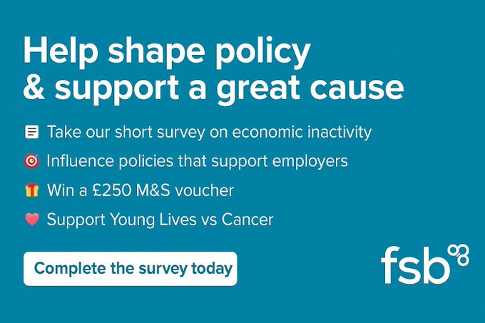 Roisin McAliskey (@fsbniregion) on Twitter photo NI Employers - Have Your Say!
Complete our short survey on economic inactivity and be entered into a prize draw to win a £250 Marks & Spencer voucher!
For every completed survey response, FSB NI will make a donation to <a href="/YLvsCancer/">Young Lives vs Cancer</a>
Take the survey: go.fsb.org.uk/3HIH7QO NI Employers - Have Your Say!
Complete our short survey on economic inactivity and be entered into a prize draw to win a £250 Marks & Spencer voucher!
For every completed survey response, FSB NI will make a donation to <a href="/YLvsCancer/">Young Lives vs Cancer</a>
Take the survey: go.fsb.org.uk/3HIH7QO