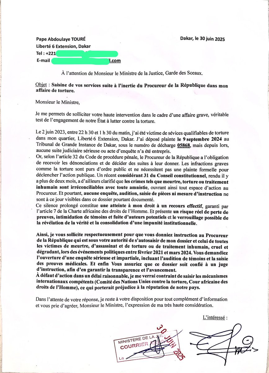 Nous avons adressé une lettre officielle au Ministre de la Justice dans le cadre de notre campagne contre le slogan « KUÑU CII RAAY YA PERTE », afin de l’interpeller sur l’inertie persistante de la justice, face aux nombreux crimes commis entre février 2021 et mars 2024.
