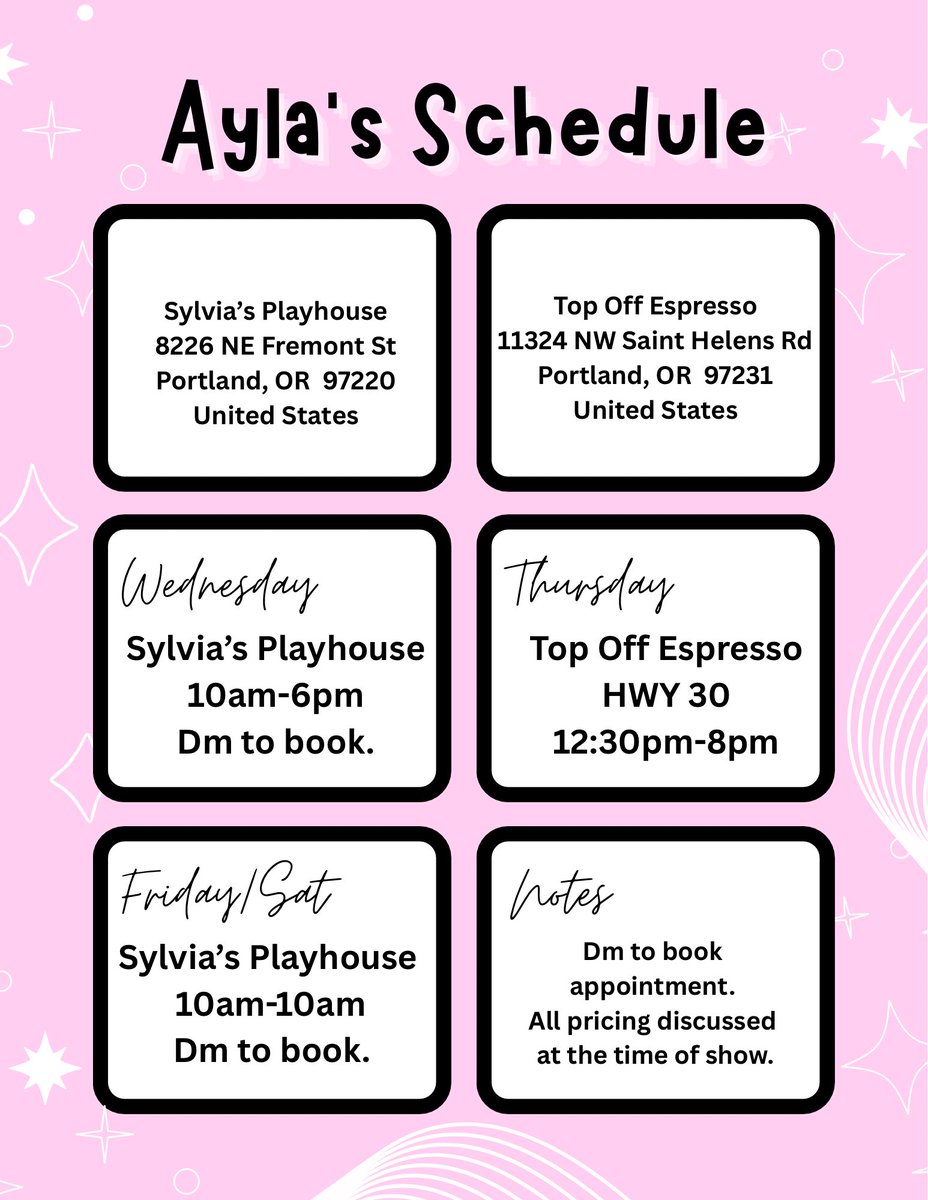 My schedule this week 💖☀️😈 <a href="/SylviaPlayhouse/">Sylvia’s PLAYHOUSE     18+</a> <a href="/topoffespresso/">TOP OFF ESPRESSO HWY30</a>