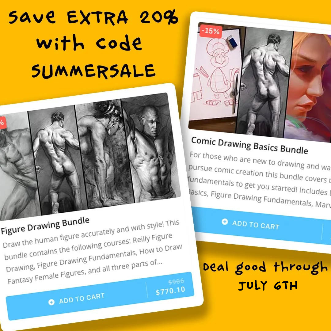 Time’s almost up to grab a discount on our figure and anatomy courses!

You can save 20% with the code SUMMERSALE, and if you bundle courses, you’ll save even more. Get the deals at proko.com/store

Art by Josh Black, Stan Prokopenko, and Patrick Jones