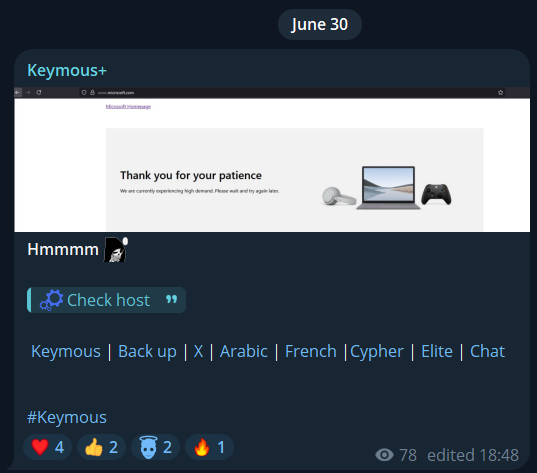 ChainFlowX's tweet photo. Keymous+ allegedly took down the Microsoft website.

https://t.co/bCfNK5WsCG

#Hacktivism #CyberAttack #CyberThreat #Darkweb  #CyberNews #News #NewsUpdate #HackerNews #SpyoSecure #SpyoSecureNews #Keymous https://t.co/IrUQcWeN8h