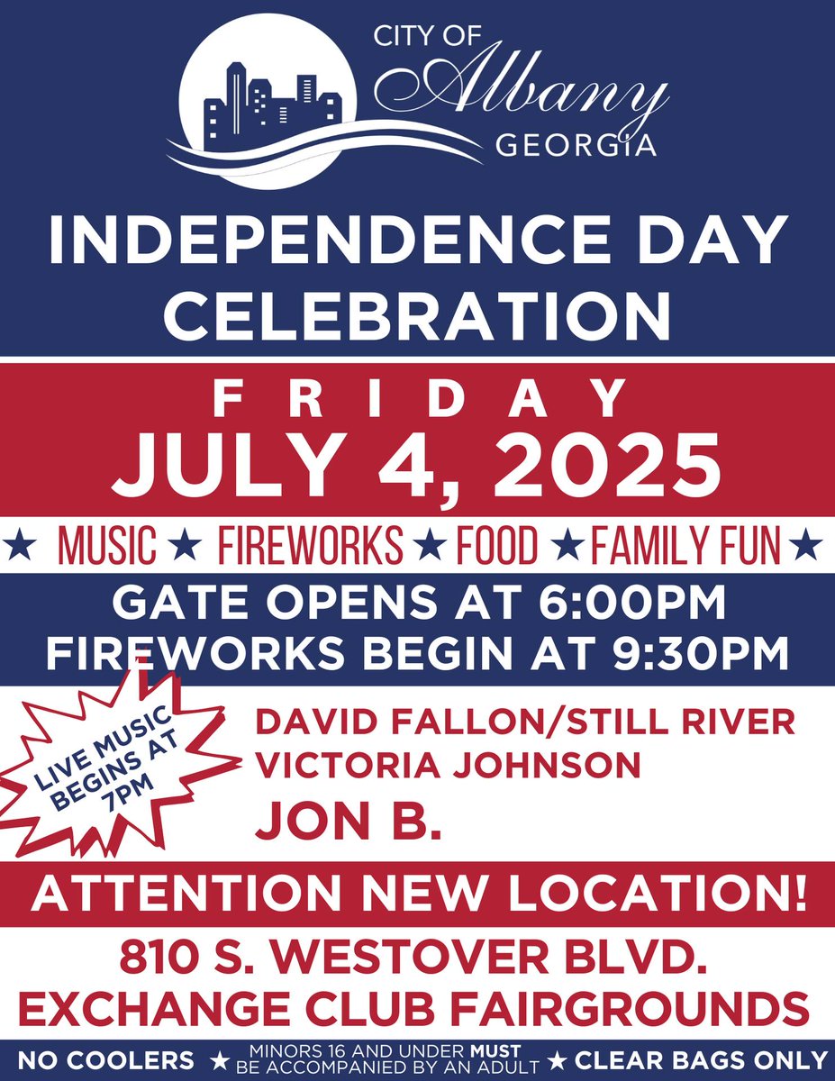 Visit AlbanyGA (@visitalbanyga) on Twitter photo Join us this Friday, for the <a href="/CityofAlbanyGA/">The City of Albany, GA</a>'s Annual Independence Day Celebration! Gates open at 6 PM while live music begins at 7 PM with David Fallon and the Still River Band followed by Superior Court Judge Victoria Johnson then Grammy Award-winning Jon B. Fireworks begin at Join us this Friday, for the <a href="/CityofAlbanyGA/">The City of Albany, GA</a>'s Annual Independence Day Celebration! Gates open at 6 PM while live music begins at 7 PM with David Fallon and the Still River Band followed by Superior Court Judge Victoria Johnson then Grammy Award-winning Jon B. Fireworks begin at