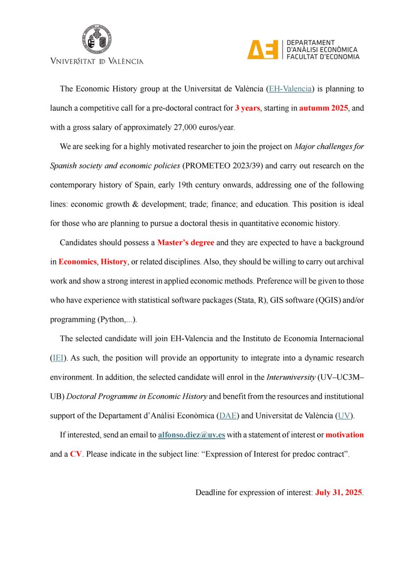 EH-Valencia (@ehvalencia) on Twitter photo 📢 <a href="/ehvalencia/">EH-Valencia</a> is planning to launch a competitive call for a predoctoral contract, starting in Autumn 2025. More information below👇#past #history #economics #econhis #econhist #Spain #research 📢 <a href="/ehvalencia/">EH-Valencia</a> is planning to launch a competitive call for a predoctoral contract, starting in Autumn 2025. More information below👇#past #history #economics #econhis #econhist #Spain #research