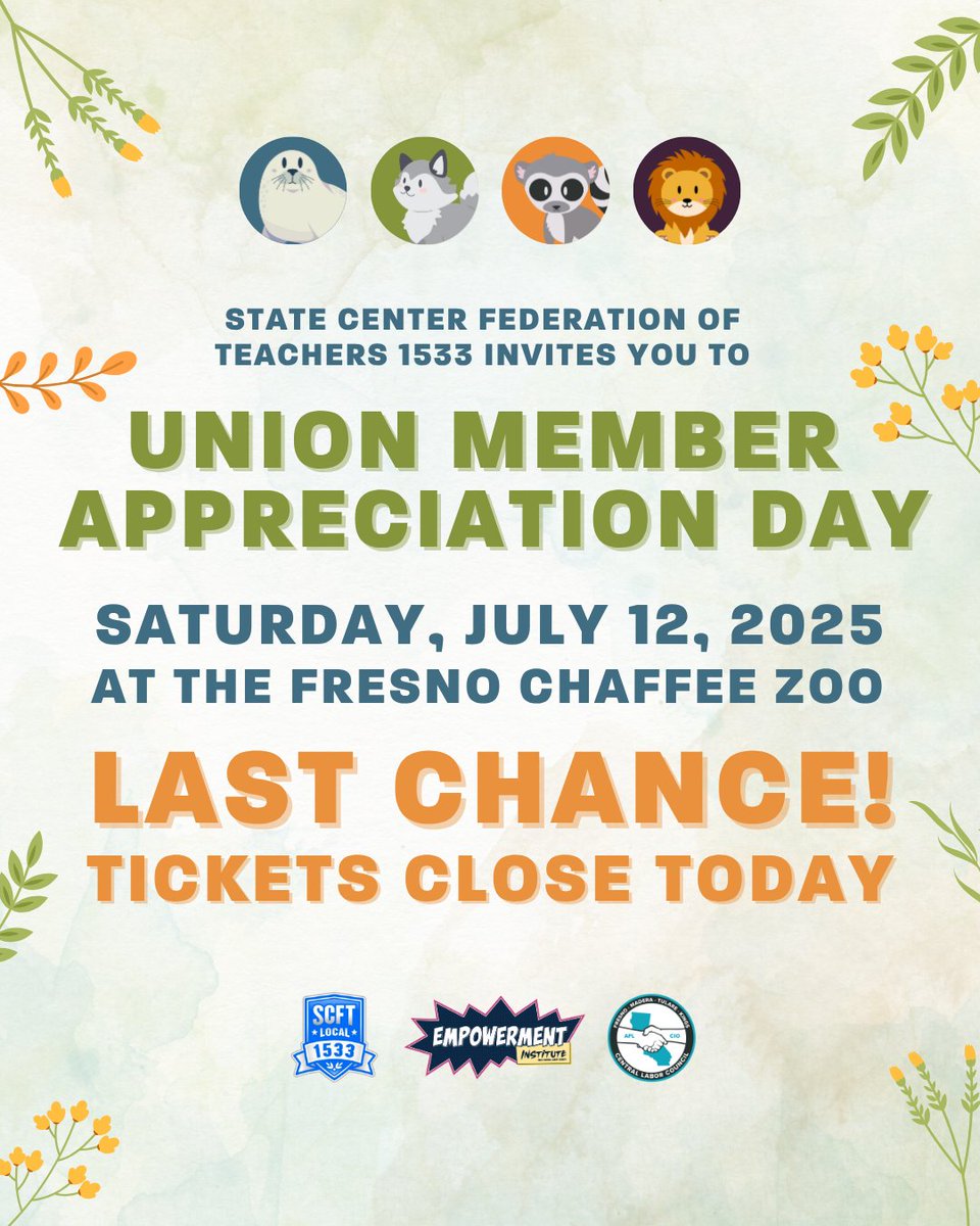 🎟️ Last chance to get tickets is TODAY!

SCFT 1533 invites you to Union Member Appreciation Day at Fresno Chaffee Zoo! ✨🦒

If you're in a local, notify your representative to get tickets! 

powerwithpeople.org/events/union-z…