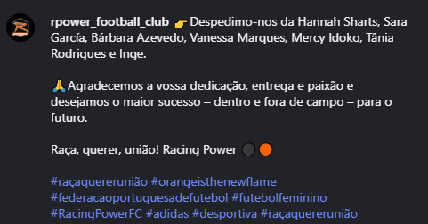 LigaBPI_en's tweet photo. @racingpower_fc @racingpower_fc is saying goodbye to several players. The club thanks them for their dedication and passion and wishes them the best of luck for the future.
D - Babi Azevedo, Hannah Sharts, Tânia Rodrigues
M - Inge Konst, Sara García, Vanessa Marques
F - Mercy Idoko https://t.co/gL4VJFjx3q