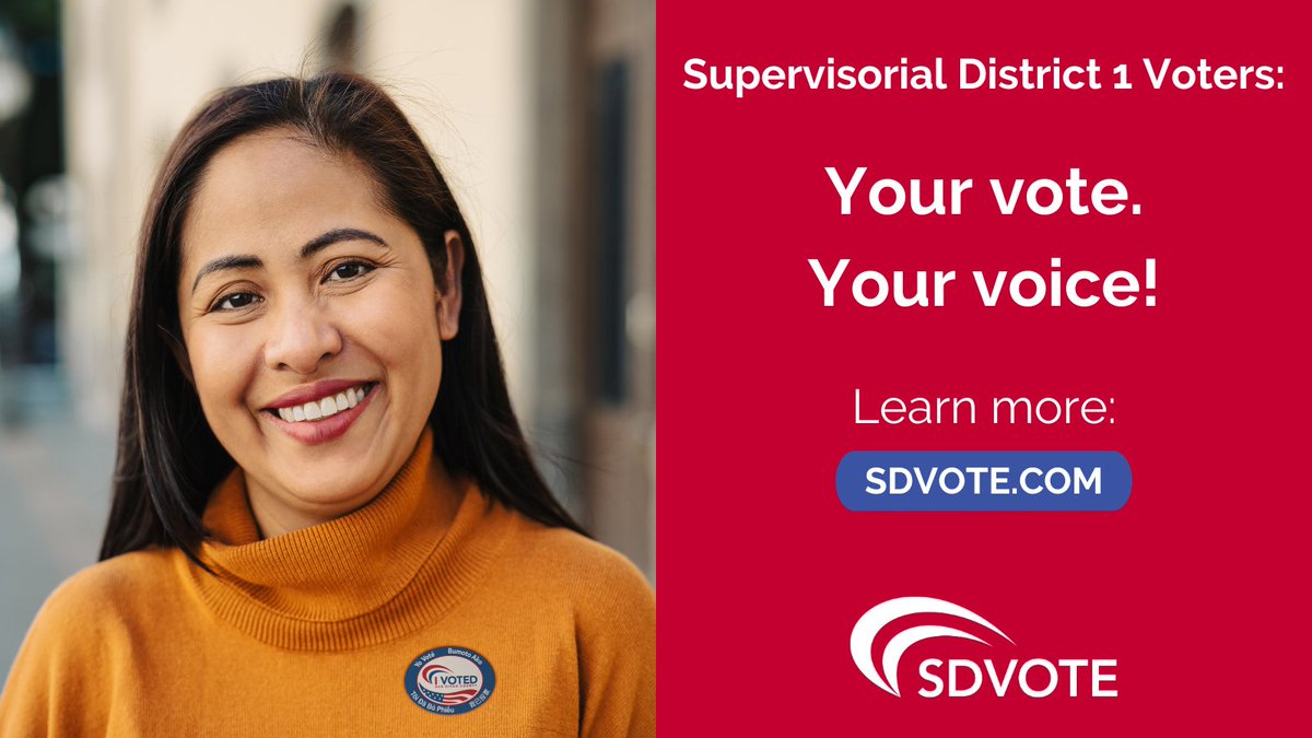 It's Election Day! 🎉Thirteen vote centers and 29 official ballot drop boxes are open until 8 p.m. tonight throughout the County's First Supervisorial District.

Find a location near you: sdvote.com/content/rov/en…