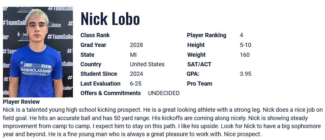 Nick Lobo 2028 4⭐ Kicker/Punter tweet media