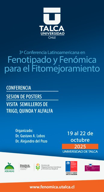 ¡Se viene un gran evento para la agricultura y la ciencia!🙌        

La 3ª Conferencia Latinoamericana en Fenotipado y Fenómica para el Fitomejoramiento llega a la Universidad de Talca del 19 al 22 de octubre.   
  
👉Inscripciones en fenomica.utalca.cl
