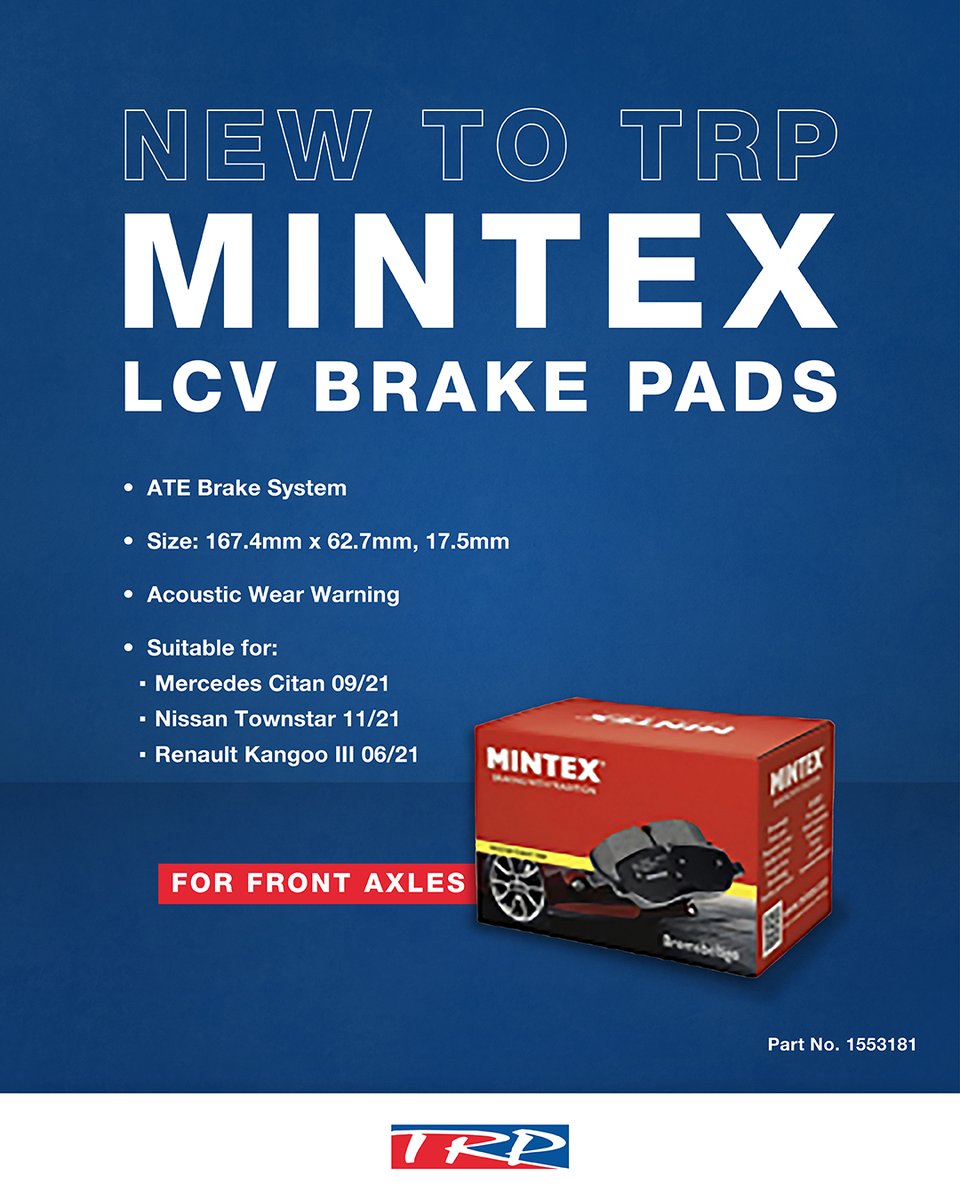 Looking for quality brake pads? 👌

These MINTEX pads are perfectly suited for:

🚗 Mercedes Citan (from 09/21)
🚗 Nissan Townstar (from 11/21)
🚗 Renault Kangoo III (from 06/21)

Order now: trp.eu/en-gb/search-r… 

#Brakepads #TRPParts #Parts #Mintex