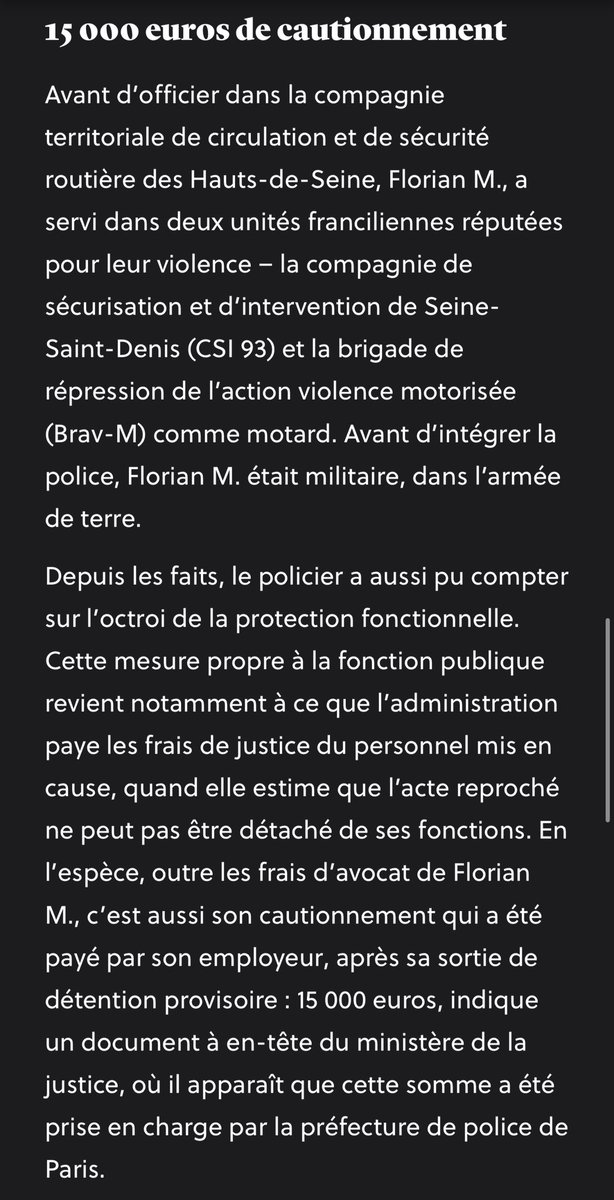 mvalet_officiel's tweet image. 💥 Bel article à charge de Libé contre Florian, le policier mis en cause dans l’affaire Nahel, étonnant non ?

Ça emmerde visiblement les gauchos qu’il soit présumé innocent, comme n’importe quel citoyen !

👉 Oui, Florian a été militaire, a servi à la BRAV-M et à la CSI 93… et…