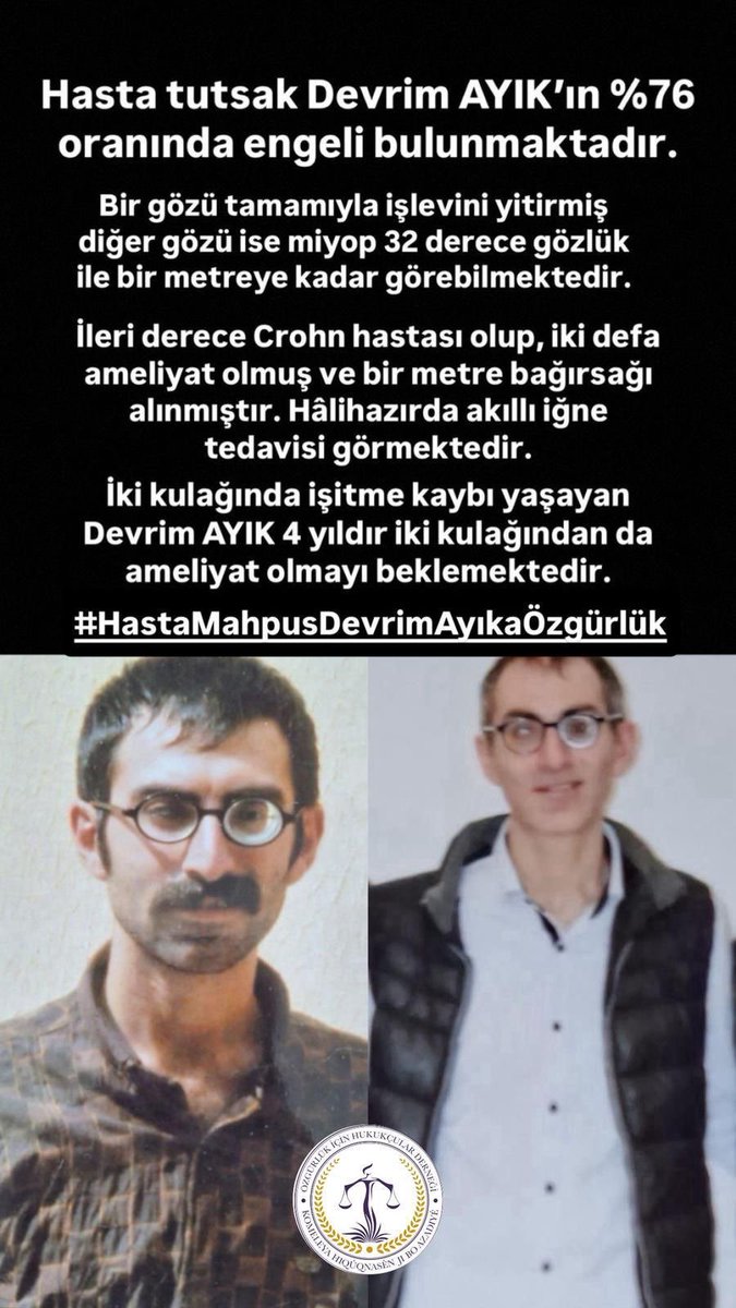 Hasta tutsaklar hapishane koşullarında tedaviye ulaşamamaktadır. En temel insan hakkı olan tedaviye erişim hakkı tüm hasta tutsaklar için derhal sağlanmalı ve serbest bırakılmaları gerekmektedir. 

#HastaMahpusDevrimAYIKaÖzgürlük