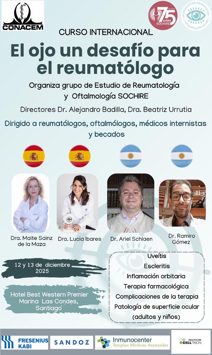 ¡Actualiza tus conocimientos! con “El ojo, un desafío para el reumatólogo”, curso organizado por el Grupo de Estudio de Reumatología y Oftalmología.
Abordaremos uveítis, escleritis, inflamación orbitaria, terapias y complicaciones entre otros temas, días 12 y 13 de dic. 2025.