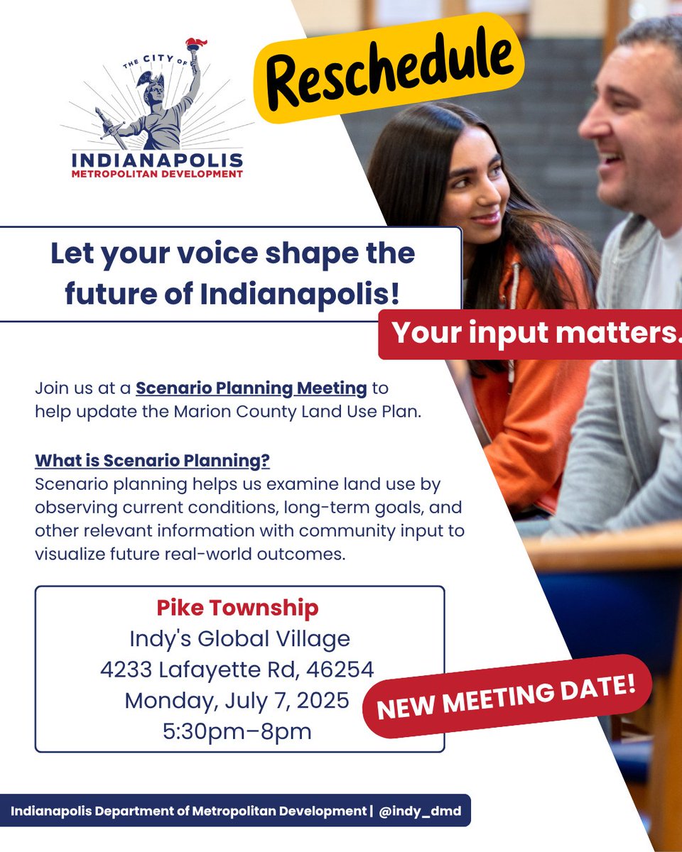 Indy DMD is updating the Pattern Book and Land Use Map and your input matters! The Pike Township Scenario Planning Meeting is happening on Wednesday, June 18. Come share your ideas and help influence how land is used in your neighborhood.