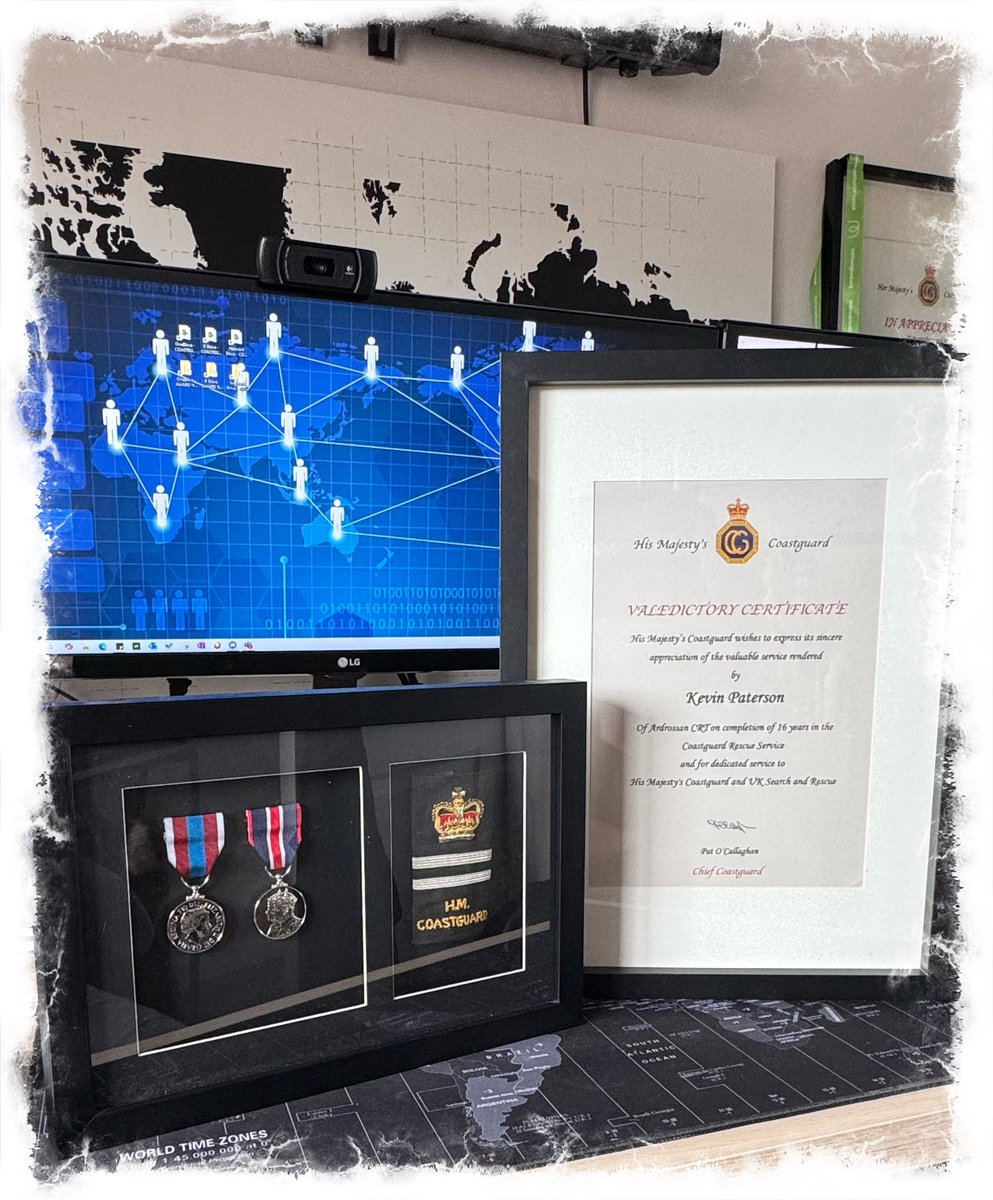 Spent a bit of time this afternoon sorting out medals and framing my Valedictory certificate after standing down from <a href="/HMCoastguard/">HM Coastguard</a> after 16 years. Proud to have these displayed in my home office alongside my other awards and certificates #999Coastguard #SARFamily #Team999