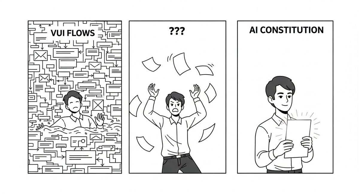 When LLMs emerged, we spent days in a room designing the perfect conversation VUI flow for our new AI assistant. Every possible user intent mapped. Every response crafted. Every edge case covered.

Then we started building it.

By day two, we realized our beautiful flowchart was