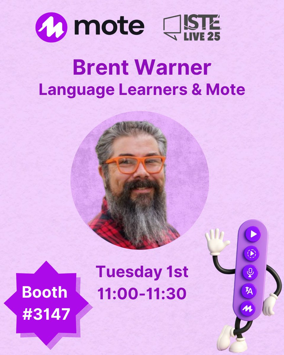 Be sure to make your way over to booth #3147 tomorrow at 11:00 to hear <a href="/BrentGWarner/">Brent Warner @BrentGWarner.bsky.social</a> talk about Language Learners &amp; Mote! <a href="/ISTEofficial/">ISTE</a> 

#SIDEBARSYD #EDTECH #INCLUSIVELEARNING #ACCESSIBILITY #SPEAKTOEVERYLEARNER #MOTEFOREDUCATION #EDTECH #READALOUD