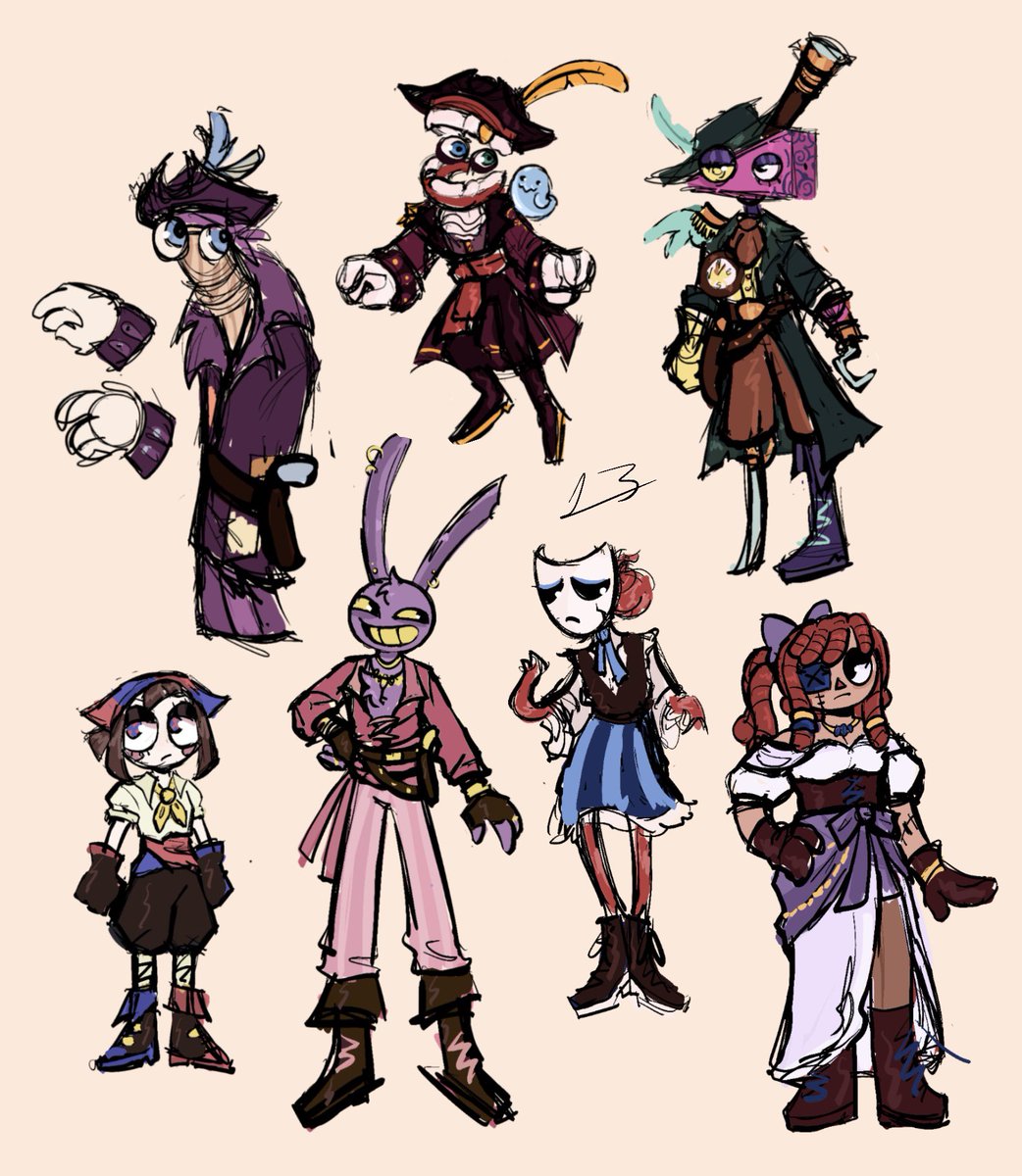 Thirteen_1133's tweet image. Some pirate au designs I made a while ago. Maybe when art-fight is over I’ll redesign and draw them more!
#TheAmazingDigitalCircus #tadc #Fanarts #tadcart #digitalartwork #ragatha #jax #pomni #zooble #gangle #kinger #Caine