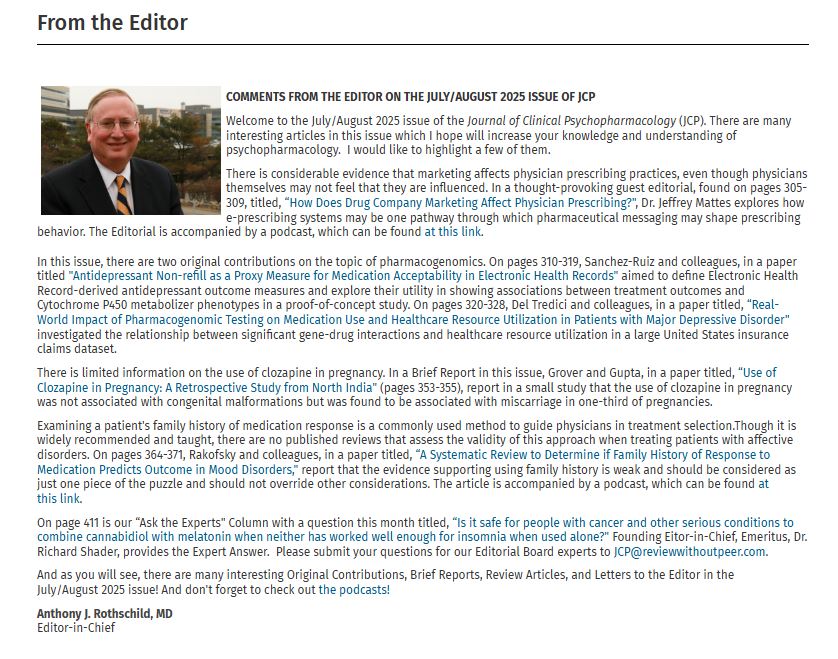 JCPjournal's tweet image. Our July/August 2025 issue (Volume 45, issue 4) is now available online: journals.lww.com/psychopharmaco…
Brief synopsis of the new issue from the Journal of Clinical Psychopharmacology Editor-in-Chief is below.