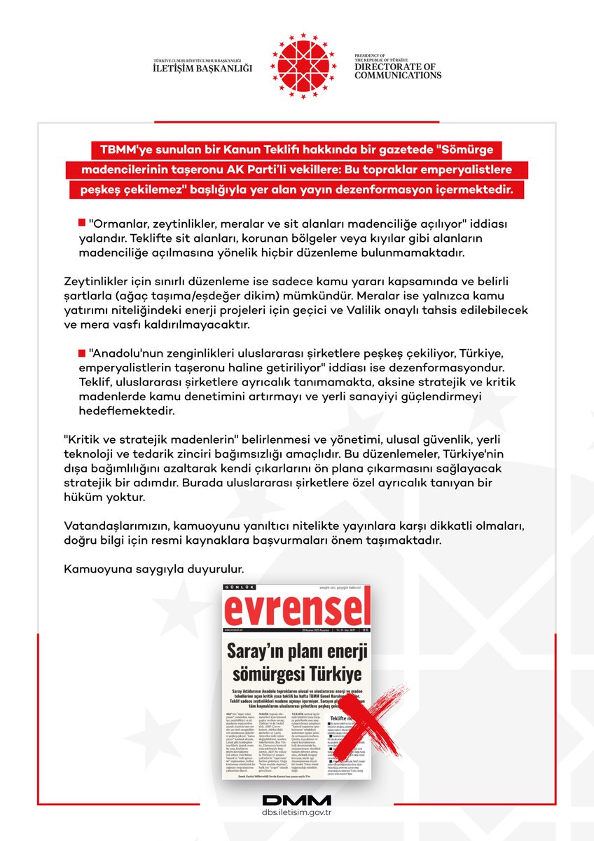 TBMM'ye sunulan bir Kanun Teklifi hakkında bir gazetede "Sömürge madencilerinin taşeronu AK Parti’li vekillere: Bu topraklar emperyalistlere peşkeş çekilemez" başlığıyla yer alan yayın dezenformasyon içermektedir.

•⁠  ⁠"Ormanlar, zeytinlikler, meralar ve sit alanları