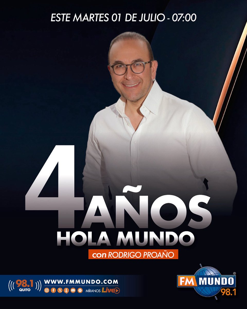 ¡#HolaMundo cumple 4 años al aire! 🎙️🌎

¡Y queremos celebrarlo contigo, que haces parte de esta historia musical! 😍🎶

📻 Este aniversario viene con un programa especial, sorpresas y, por supuesto… ¡la música que nos conecta cada mañana!

🔔 ¡Te esperamos MAÑANA a las 7:00 por