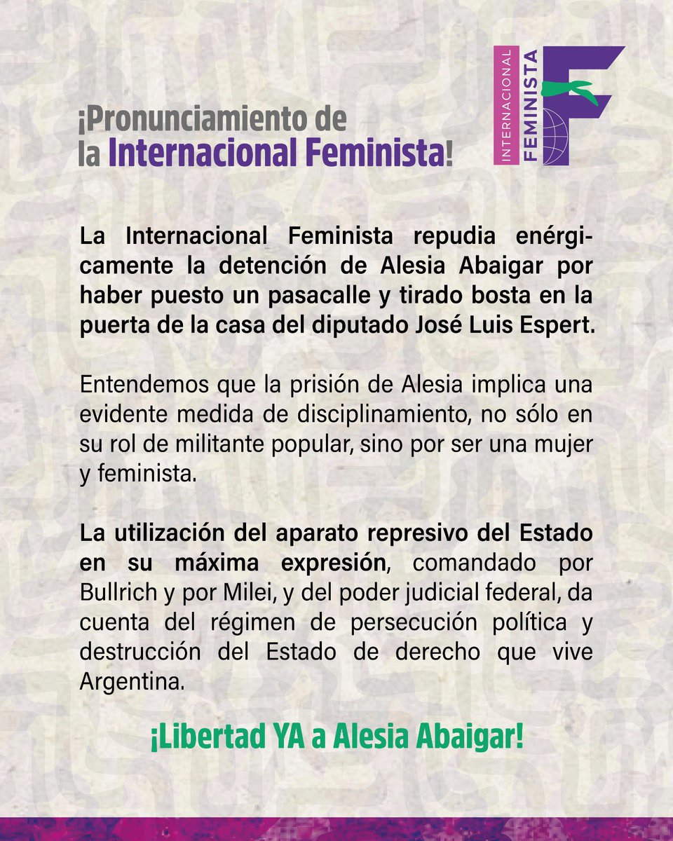 🇦🇷🔴Nuestro total repudio a la detención de Alesia Abaigar, cuya prisión entendemos como medida de disciplinamiento por ser mujer, feminista y en su rol de militante popular, de parte del aparato represivo comandado por Bullrich y Milei. Libertad YA a #AlesiaAbaigar!