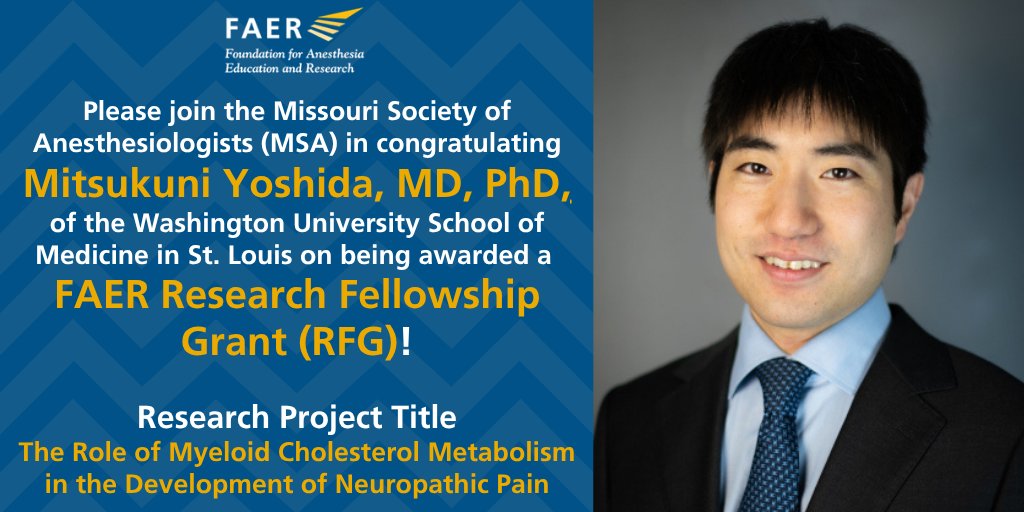 Missouri Society of Anesthesiologists (@moanesthesia) on Twitter photo Congratulations to <a href="/YoshidaMitsu1/">Mitsukuni Yoshida</a> of <a href="/WashUanesthesia/">WashU Medicine Anesthesiology</a> on being awarded an RFG by <a href="/FAERanesthesia/">FAER</a> this spring! Weāre excited to see such a talented #anesthesiology investigator take the next step on their #research journey
Announcement: asahq.org/faer/about/newā¦
#FAERgrantee Congratulations to <a href="/YoshidaMitsu1/">Mitsukuni Yoshida</a> of <a href="/WashUanesthesia/">WashU Medicine Anesthesiology</a> on being awarded an RFG by <a href="/FAERanesthesia/">FAER</a> this spring! Weāre excited to see such a talented #anesthesiology investigator take the next step on their #research journey
Announcement: asahq.org/faer/about/newā¦
#FAERgrantee