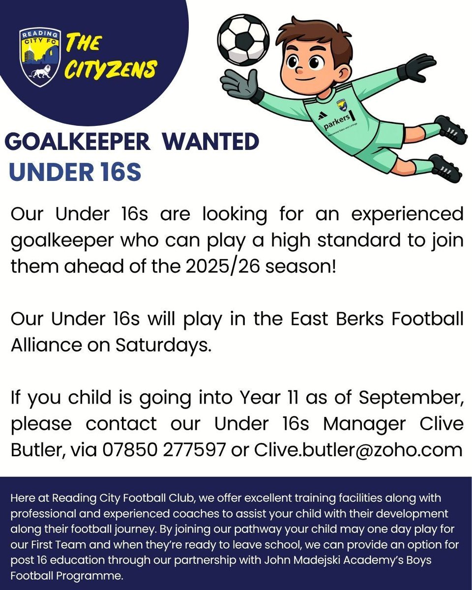 RCFC_Academy's tweet image. 🙌 GOALKEEPER WANTED | Our #CityU16s are looking for a safe pair of hands ahead of the new season!
Our Under 16s will play in the East Berks Football Alliance on Saturdays. If you would like more info or wish to register your interest in joining the team, please get in touch.