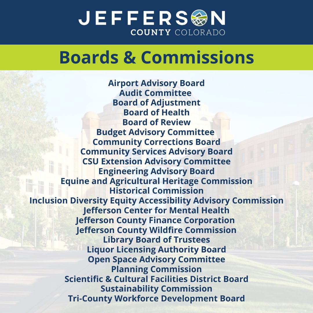 Hi Jeffco residents! Want to make a positive impact in our community? Apply to serve on Jefferson County's boards and commissions! With over 300 positions available, there's a wide variety of issues to choose from. Don't miss out on this opportunity to provide valuable input.