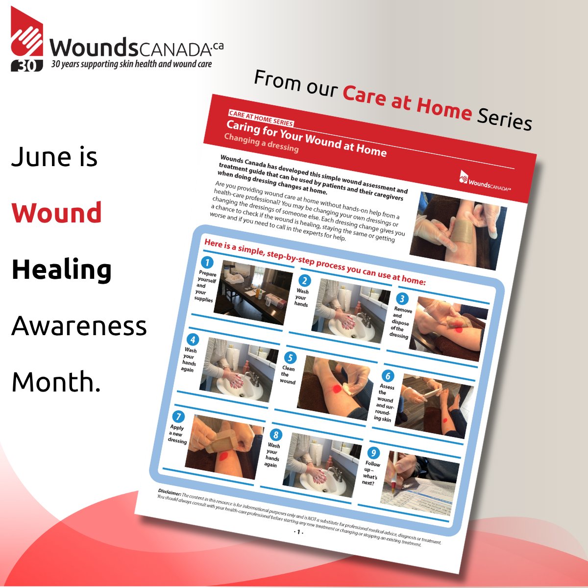 Wounds Canada has developed this simple wound assessment and treatment guide that can be used by patients and their caregivers when doing dressing changes at home. ow.ly/2t6h50WiztV