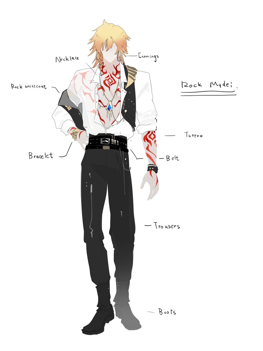 #Mydei 

Rock Mydei

*This is not an official artwork.
 It’s a PA redrawn based on organized references —

Just  ordinary hard rock look.
He just takes it off because the clothes feel restrictive.