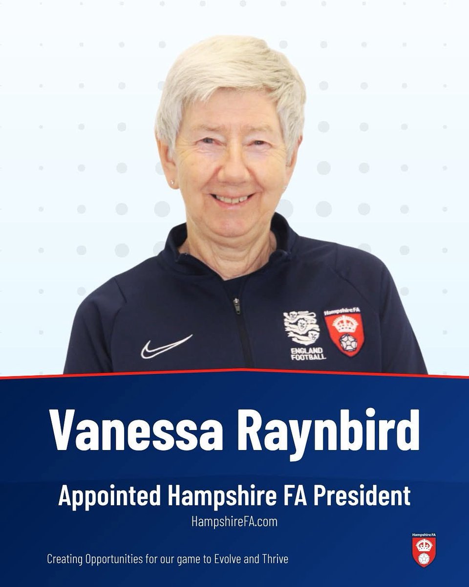 At its AGM held on 28th June, Hants FA members voted Vanessa Raynbird as its new President following a recommendation from the Nomination &amp; Appointments Committee.

Everyone at Hants FA offers our congratulations to Vanessa, who becomes the first ever female President.