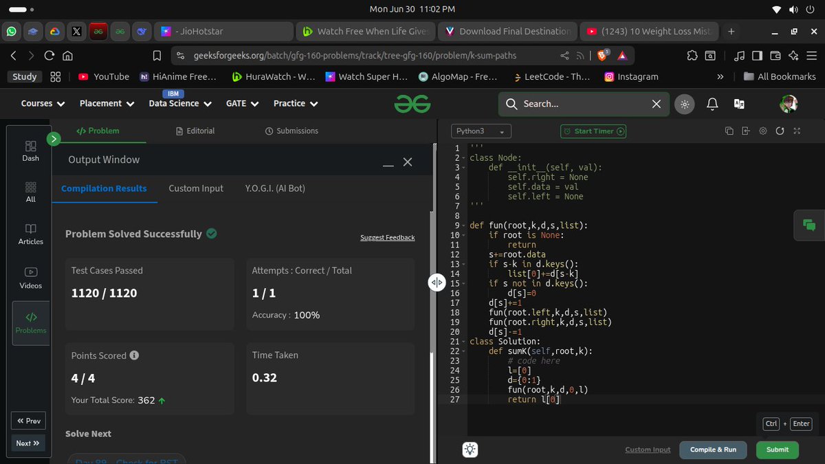 happycuzitsme's tweet photo. DAY 88 into 160 series in #DSA (#Python)  by geeksforgeeks #160DaysOfProblemSolving #GeeksForGeeks #DSAJourney #CodeEveryday #gfg160 #geekstreak2025
@geeksforgeeks

K sum paths https://t.co/P7gmjA9vEm