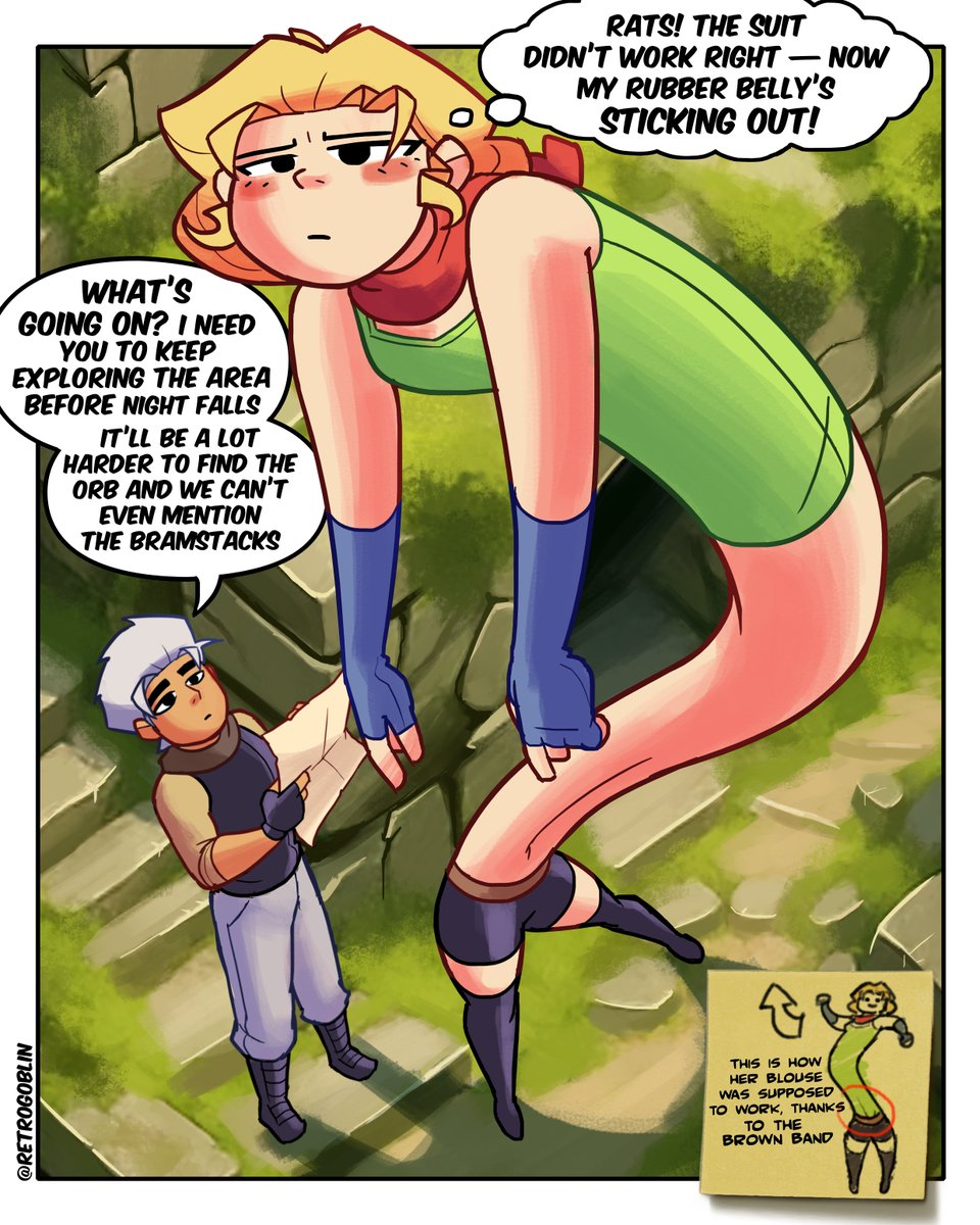 I added that band to Amy’s outfit as a belt to keep her blouse in place while stretching… but yeah, I still ended up drawing her with her belly out XD