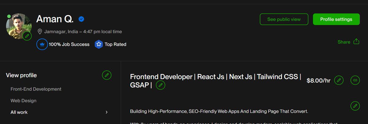 Excited to share a milestone in my freelancing journey!
I've officially earned the Top Rated badge on Upwork and achieved a 100% Job Success Score
I’m incredibly grateful to <a href="/Upwork/">Upwork</a>  for providing a platform to connect, grow, and deliver value to amazing clients around the world