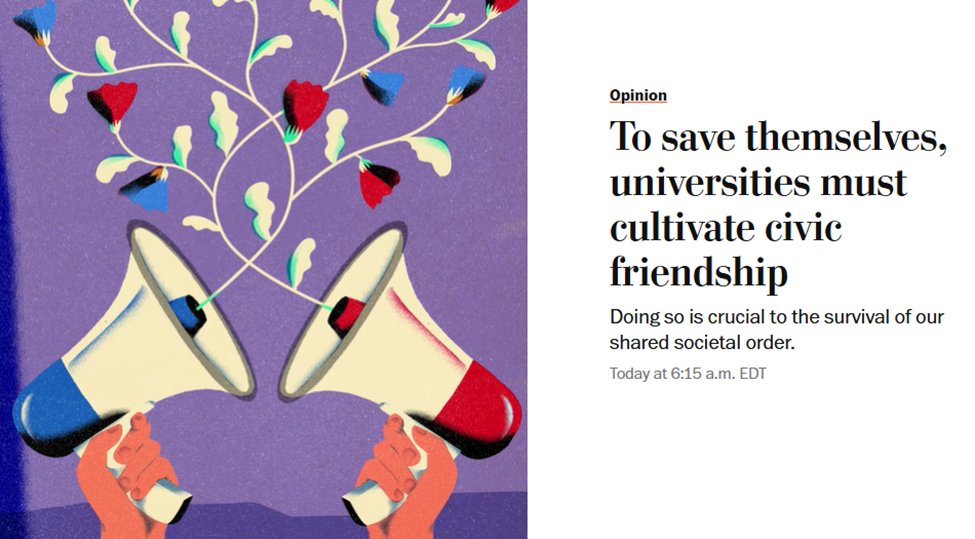 Excellent essay on needed university reforms. "...the absence of civic friendship in our nation’s universities is an immediate threat to their ability to fulfill their missions — namely, to be impartial forums for the dissemination of knowledge and pursuit of truth. It