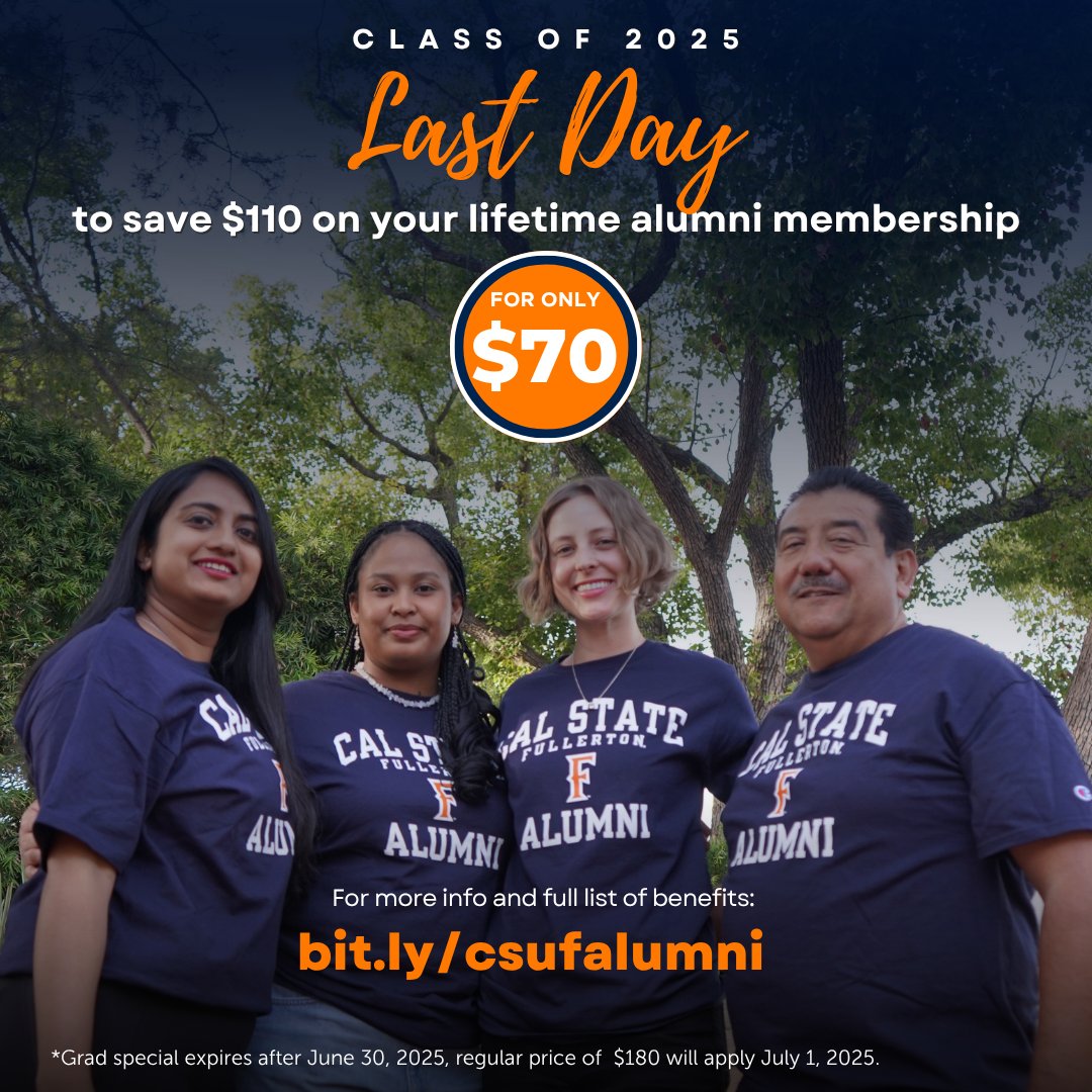 csufalumni's tweet image. Class of 2025! It's the last day to save $110 off an alumni lifetime membership! Join today for only $70. One-time payment for a lifetime of great benefits! You'll also get an exclusive #csuf alumni t-shirt included! Join today and remain a Titan For Life: bit.ly/csufalumni