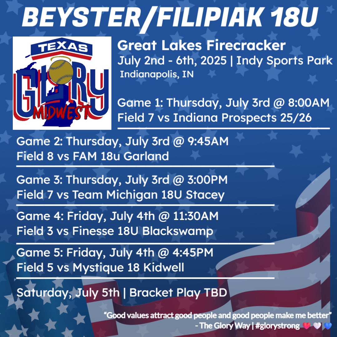 ⬇️ Glory Schedule Drop ⬇️
📍Indy Sports Park
🥎 Great Lakes Firecracker 
🎆🎇
#glorystrong
❤️🤍💙