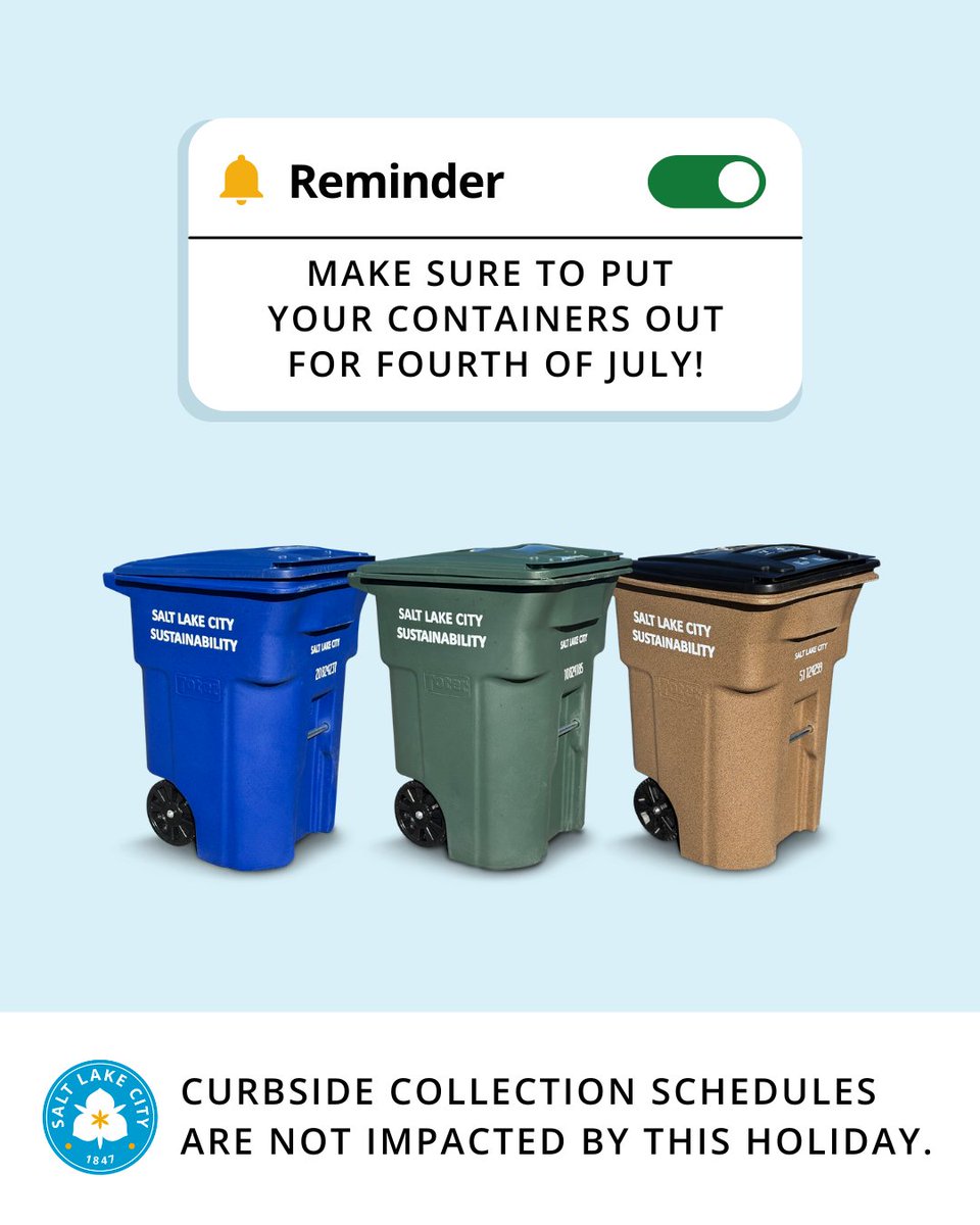 Waste, recycling, and compost pick-up services will be operating as usual for the July 4th holiday 🎇 Collection schedules and information on curbside services can be found on our website at slc.gov/sustainability….