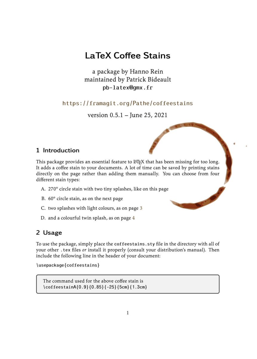dnovatchev's tweet photo. https://t.co/HjbW5juOU8
You can literally mark your thesis with blood, sweat, and coffee. ☕
This coffestrains package lets you add realistic coffee rings and splashes to your LaTeX documents. https://t.co/vMim1fvmx4 https://t.co/Sosx7i00WK