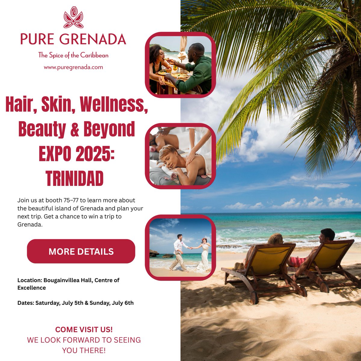 🌴 Grenada is heading to Trinidad!
Meet us at booth 75–77 at the Hair, Skin, Wellness, Beauty &amp; Beyond Expo 2025 🇹🇹✨
📍Centre of Excellence
📅 July 5–6
🎁 Win a trip to Grenada!

#PureGrenada #GrenadaTourismAuthority #WellnessTravel