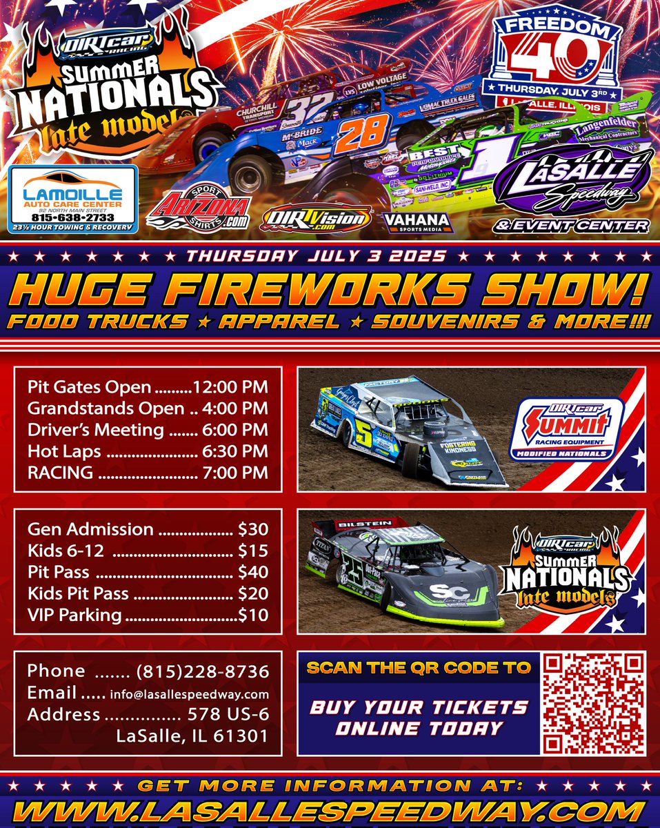 The <a href="/LaSalleSpeedway/">LaSalle Speedway</a> will welcome back the <a href="/SummerNationals/">DIRTcar Summer Nationals</a> #HellTour "Freedom 40" on Thursday, July 3rd featuring the BEST Late Model drivers in the country alongside <a href="/SummitRacing/">summitracing</a> Equipment Modifieds battling it out at LaSalle. 

Get your tickets NOW 👇
myracepass.com/tracks/1995/ti…