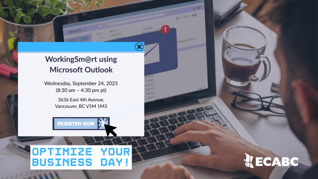 ECA_BC's tweet image. Navigate your inbox effectively! 📧
This workshop provides you with a hands-on approach to integrate the WorkSm@rt method to integrate the use of technology to take back control of your time, productivity, collaboration, and work results.
Optimize how you approach your business…