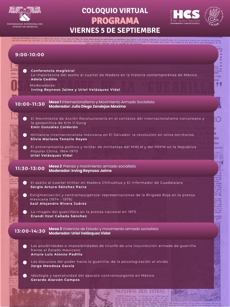UrielVV12's tweet image. Con gusto los invitamos al coloquio virtual &quot;A 60 años del asalto al cuartel de ciudad Madera. Investigaciones,  debates y nuevos enfoques sobre el movimiento armado socialista de México&quot;, que se llevará  a cabo el 4 y 5 de septiembre
Transmisión en vivo: 
facebook.com/share/1QrZEWBB…