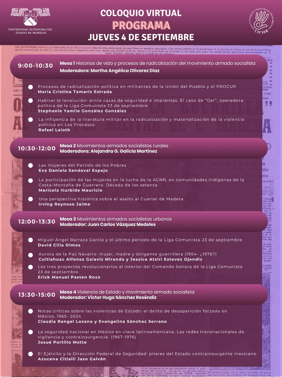 UrielVV12's tweet image. Con gusto los invitamos al coloquio virtual &quot;A 60 años del asalto al cuartel de ciudad Madera. Investigaciones,  debates y nuevos enfoques sobre el movimiento armado socialista de México&quot;, que se llevará  a cabo el 4 y 5 de septiembre
Transmisión en vivo: 
facebook.com/share/1QrZEWBB…